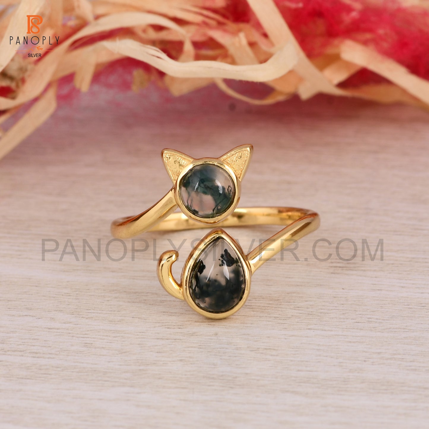 925 Silver Gold Plated Cute Cat Animals Ring
