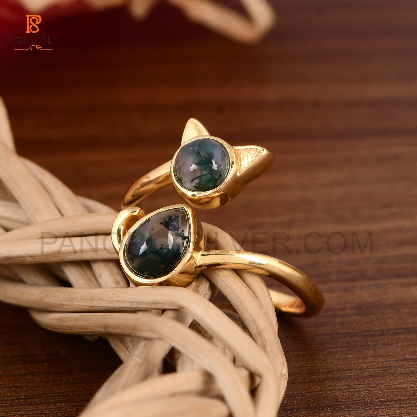 925 Silver Gold Plated Cute Cat Animals Ring