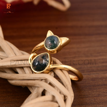 925 Silver Gold Plated Cute Cat Animals Ring