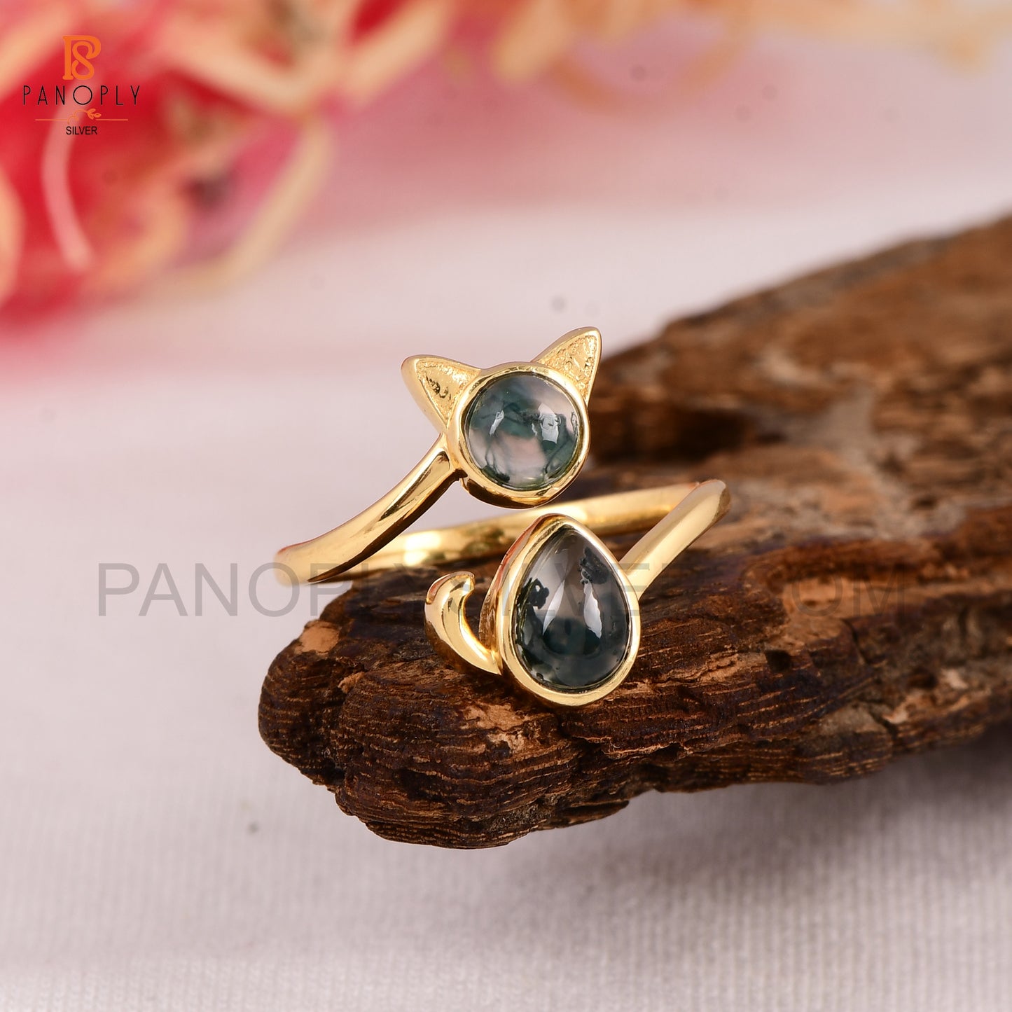 925 Silver Gold Plated Cute Cat Animals Ring