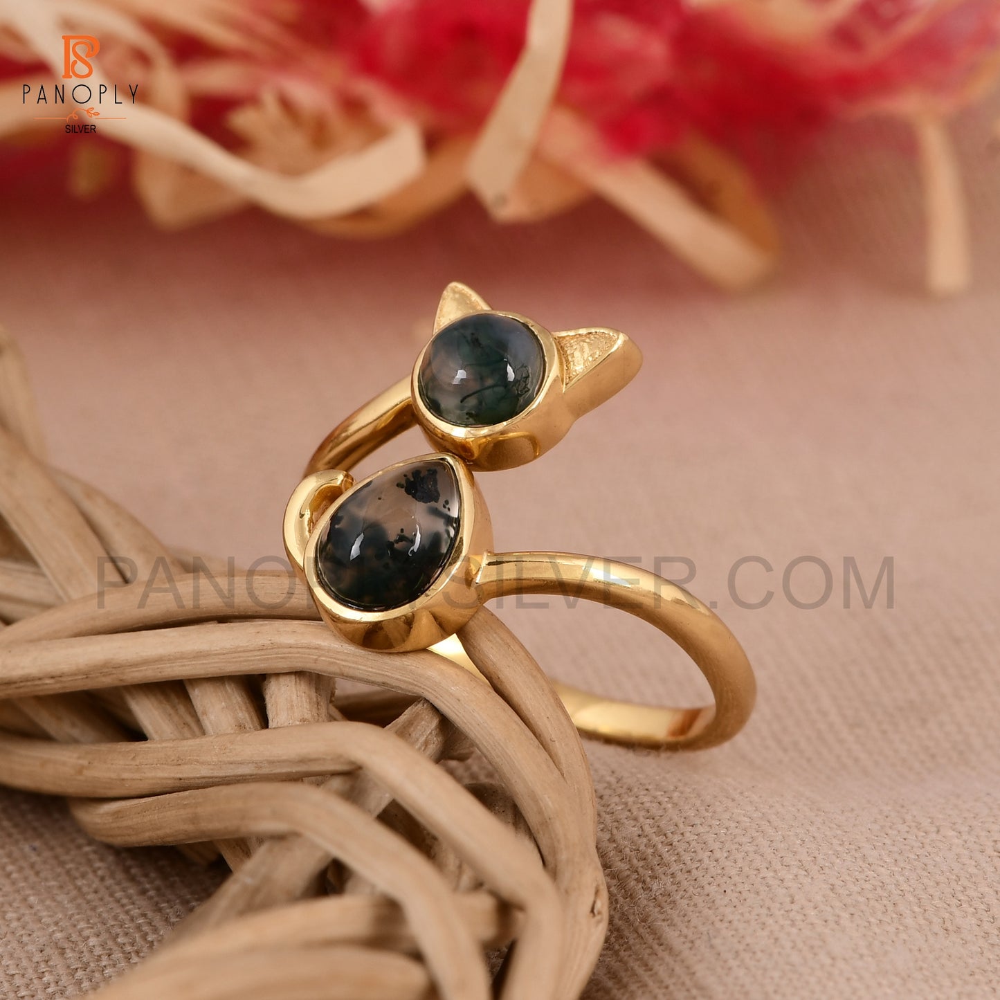 925 Silver Gold Plated Cute Cat Animals Ring
