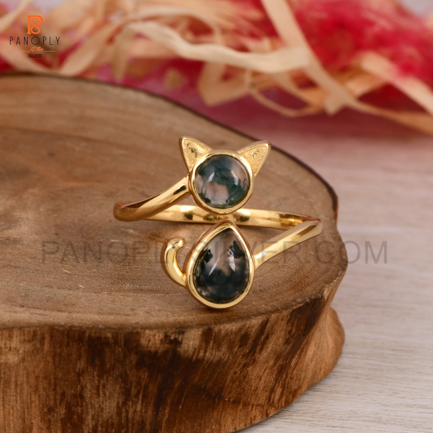 925 Silver Gold Plated Cute Cat Animals Ring