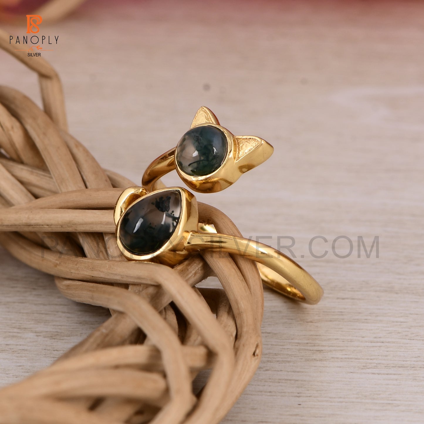 925 Silver Gold Plated Cute Cat Animals Ring