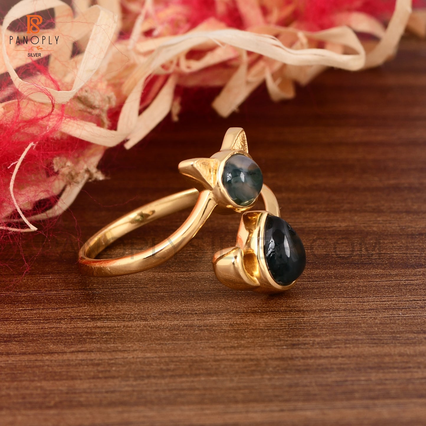 925 Silver Gold Plated Cute Cat Animals Ring