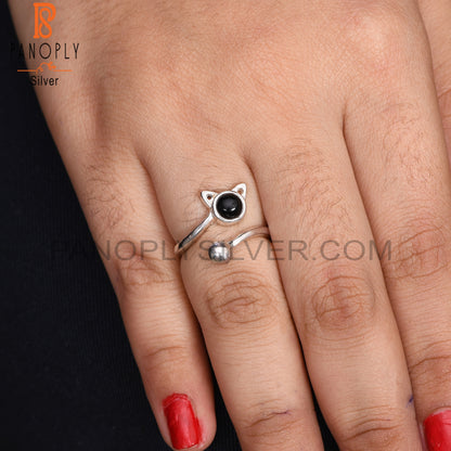 Cat Shaped Stone Black Onyx Cute Animals Rings