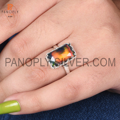 Aurora Opal Red Green Beautiful 925 Silver Ring