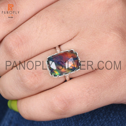 Opal Red Green 925 Silver Handmade Octagon Aurora Ring