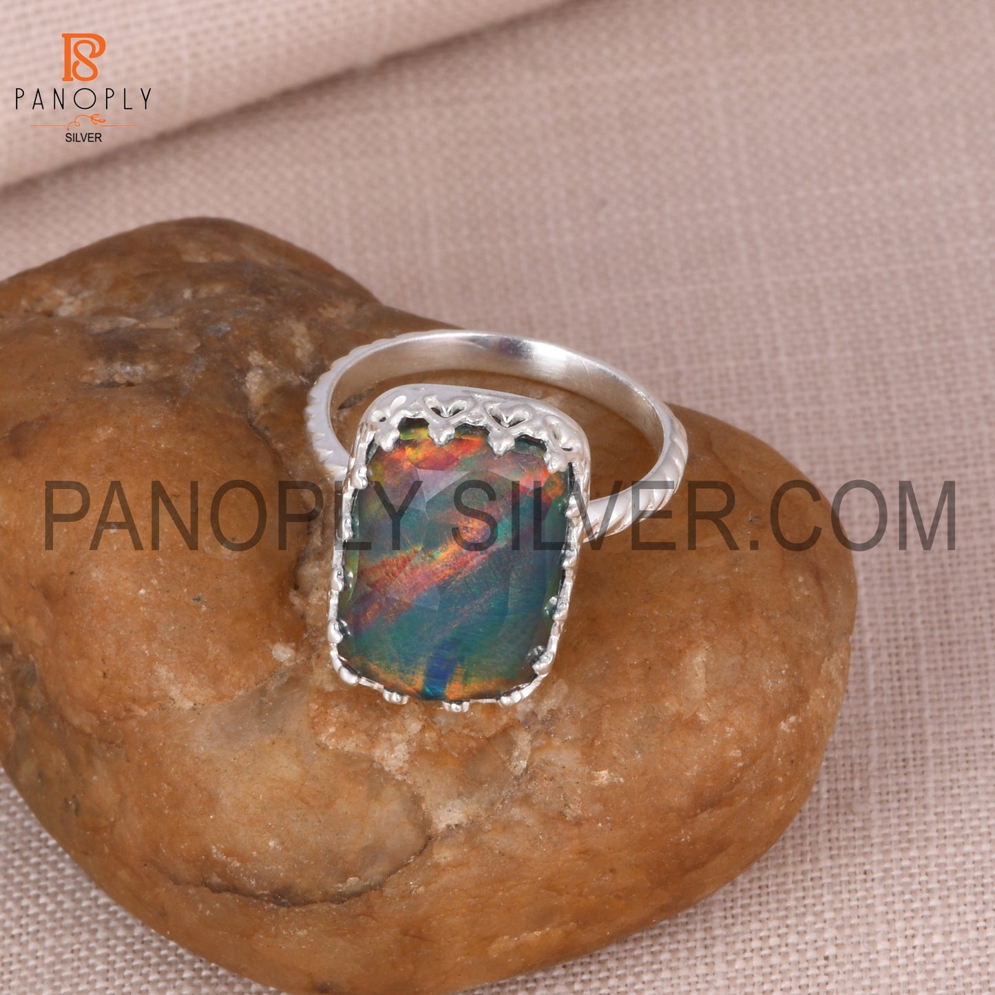 Opal Red Green 925 Silver Handmade Octagon Aurora Ring