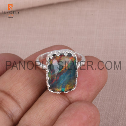Opal Red Green 925 Silver Handmade Octagon Aurora Ring