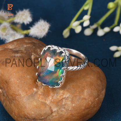 Opal Red Green 925 Silver Handmade Octagon Aurora Ring