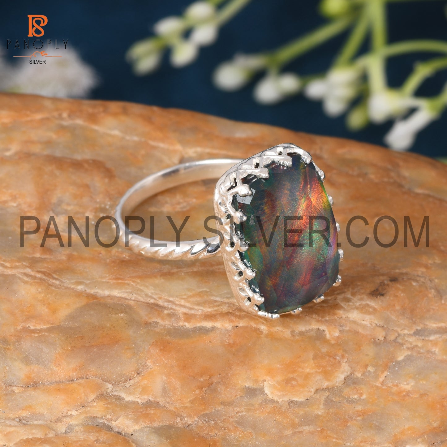 Opal Red Green 925 Silver Handmade Octagon Aurora Ring