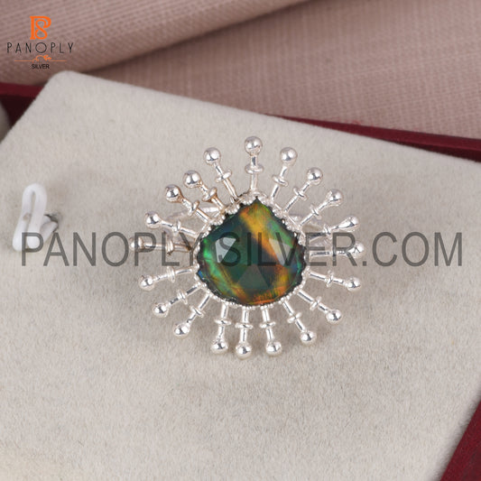 Flower Shape Aurora Opal Red Green Gems Silver Ring