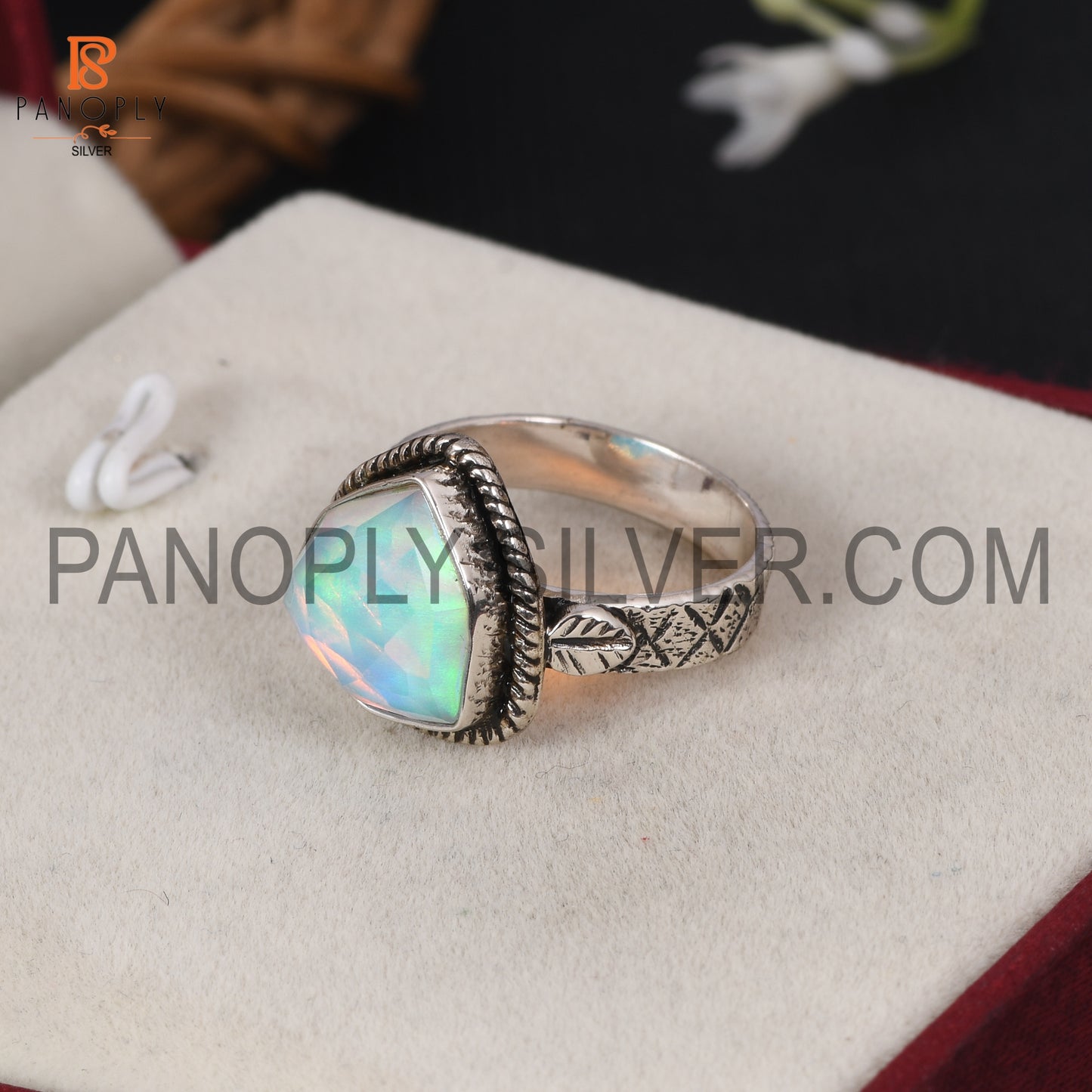 Texture Band With Leaf White Opal Ring