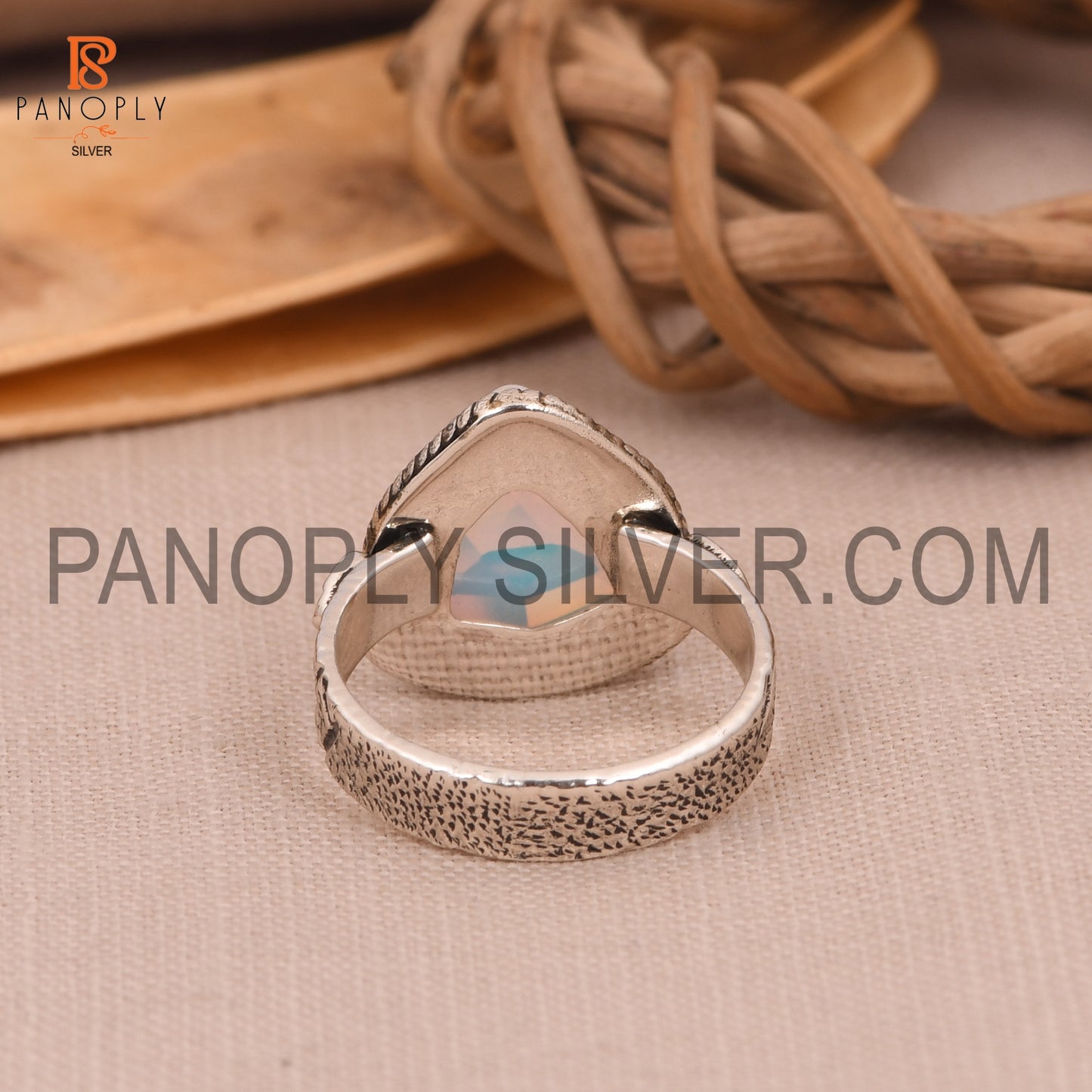 Texture Band With Leaf White Opal Ring