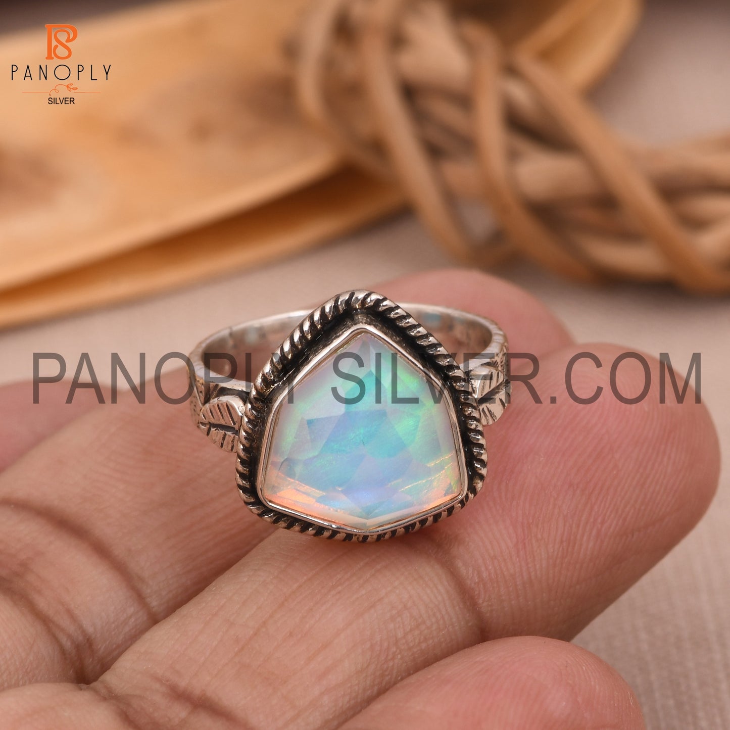 Texture Band With Leaf White Opal Ring