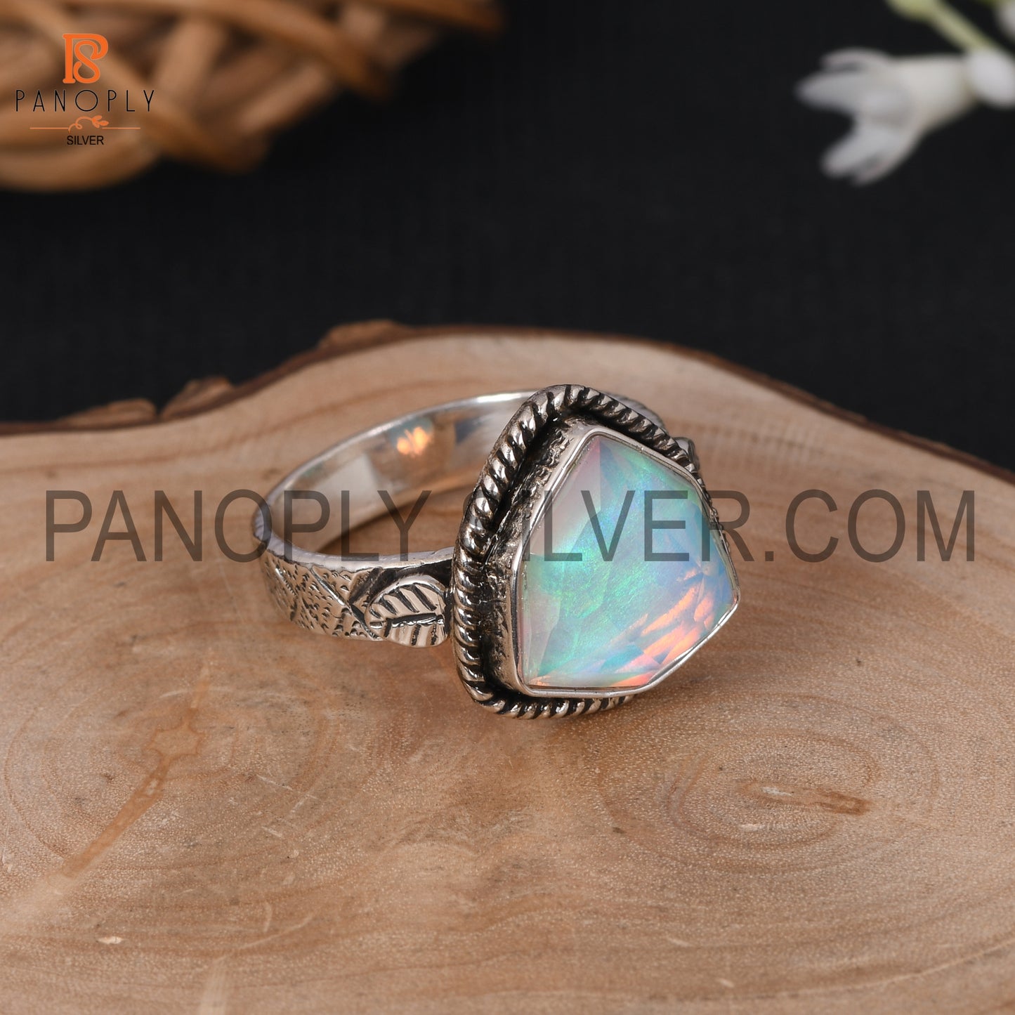 Texture Band With Leaf White Opal Ring