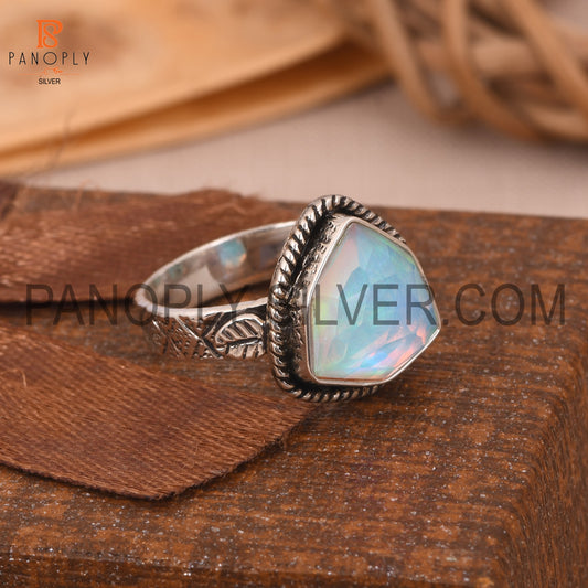 Texture Band With Leaf White Opal Ring