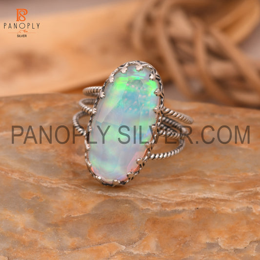 Triple Twist Band Aurora Opal White Gemstone Rings