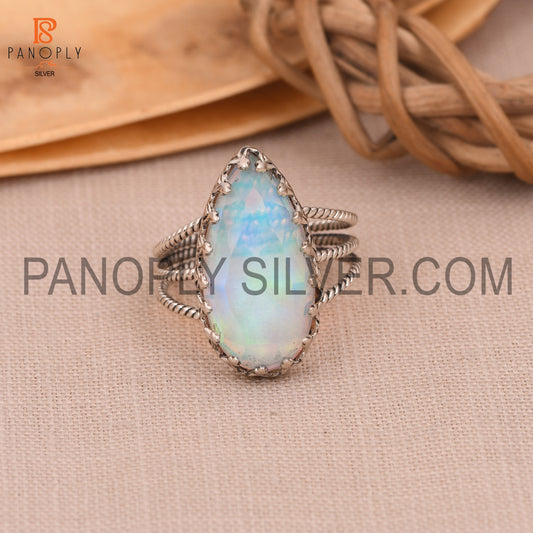 Rope Three Band 925 Silver Aurora Opal White Doublet Gem Rings