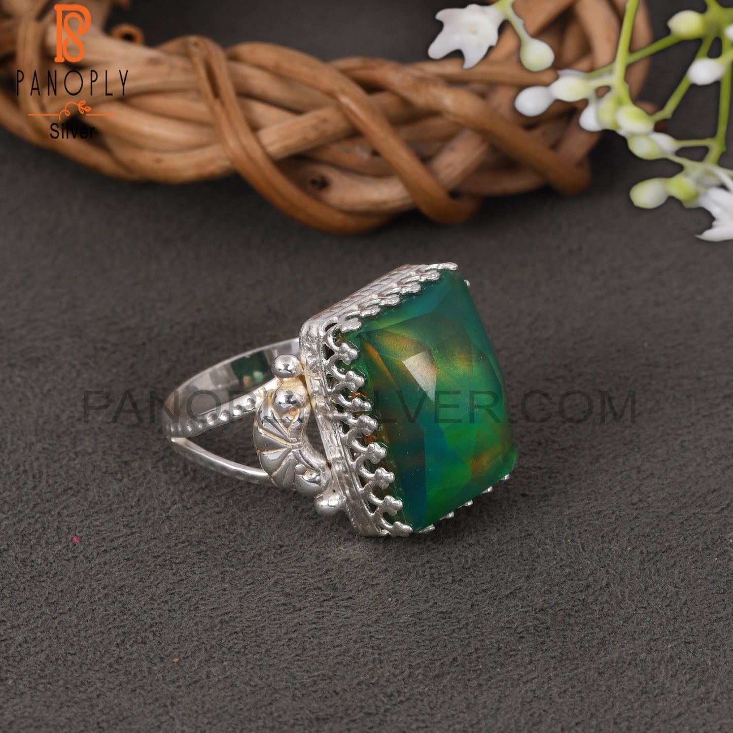 Aurora Opal Green Beguette 925 Sterling Silver Rings