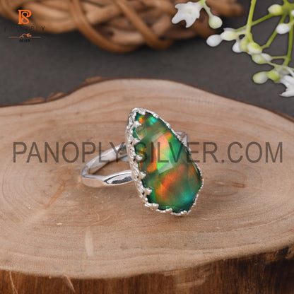 Aurora Opal Green Gems Stone 925 Silver Rings