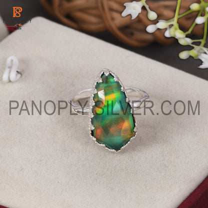 Aurora Opal Green Gems Stone 925 Silver Rings