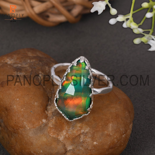 Aurora Opal Green Gems Stone 925 Silver Rings