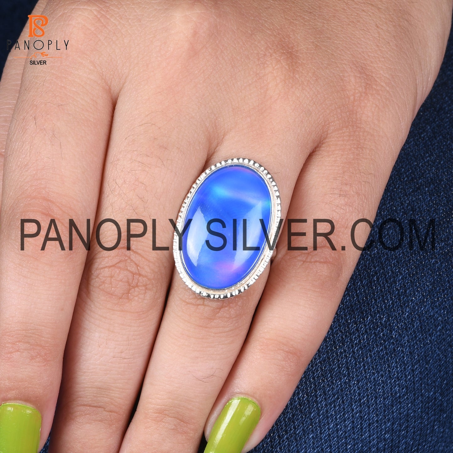 Oval Aurora Opal Blue Doublet 925 Women Rings