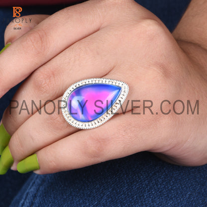 Cabushion Pear Cut Aurora Opal Blue Finger Ring For Girls