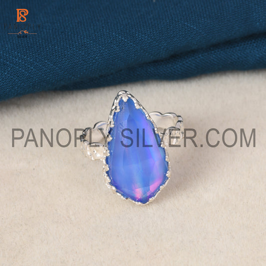 925 Silver Aurora Opal Blue Finger Ring For Girls