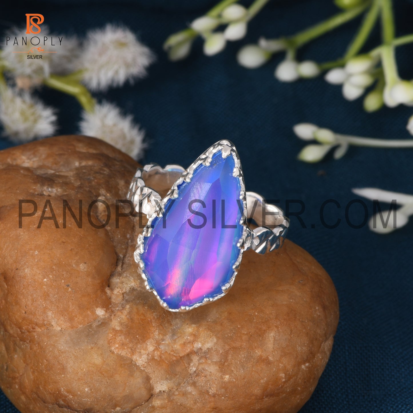 925 Silver Aurora Opal Blue Finger Ring For Girls