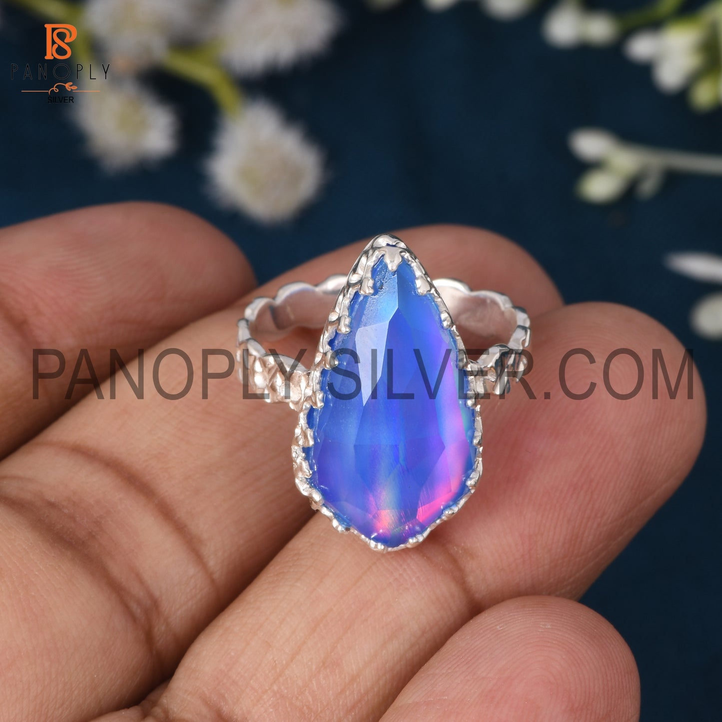 925 Silver Aurora Opal Blue Finger Ring For Girls