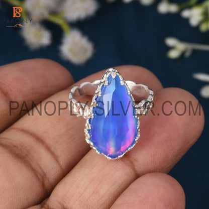 925 Silver Aurora Opal Blue Finger Ring For Girls
