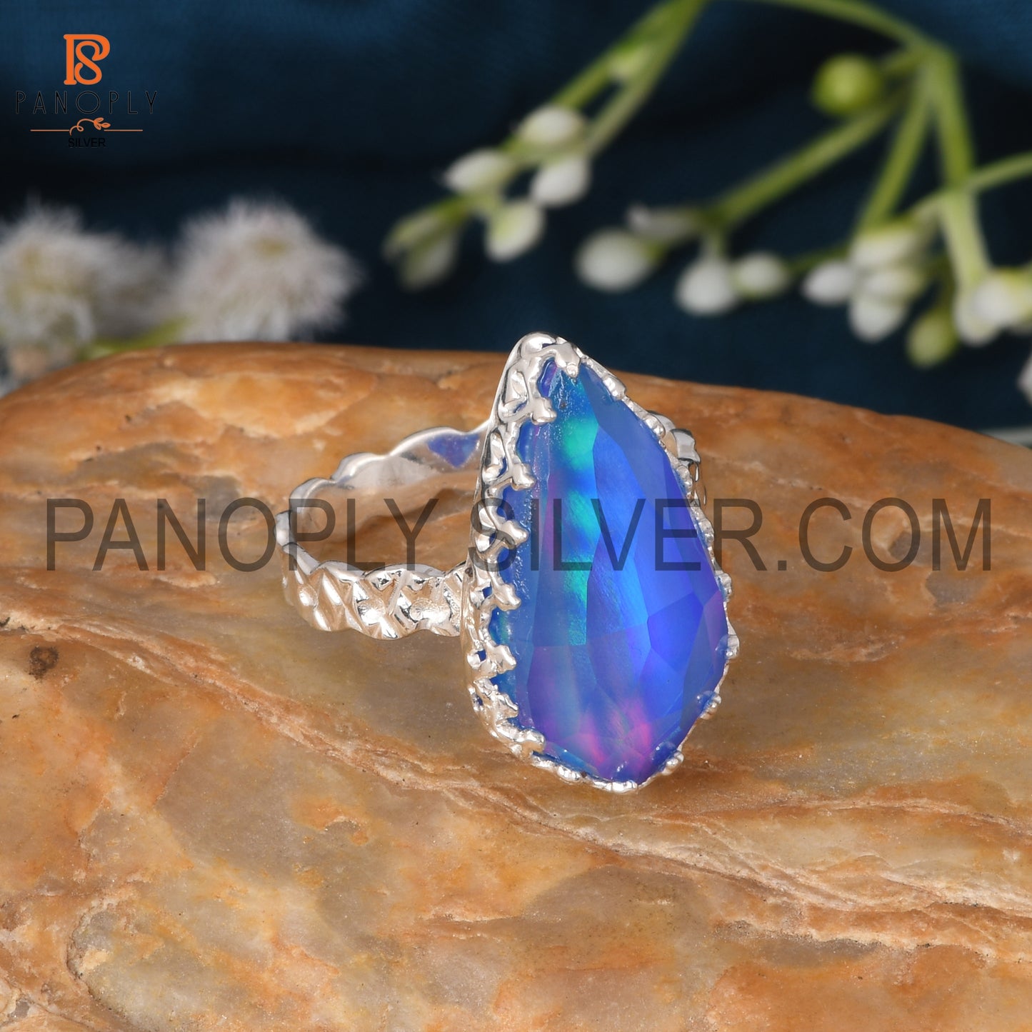 925 Silver Aurora Opal Blue Finger Ring For Girls