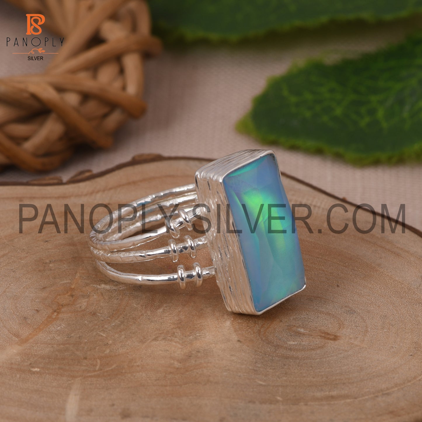 Triple Band Baguette Shape Opal Sky Doublet 925 Ring