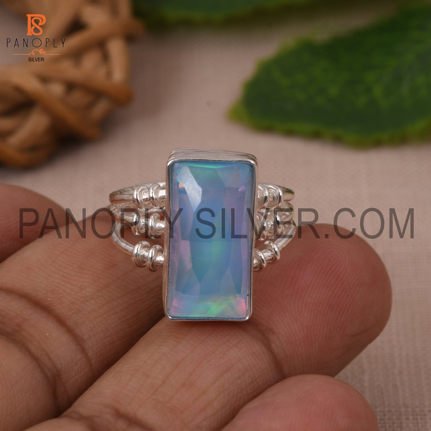 Triple Band Baguette Shape Opal Sky Doublet 925 Ring