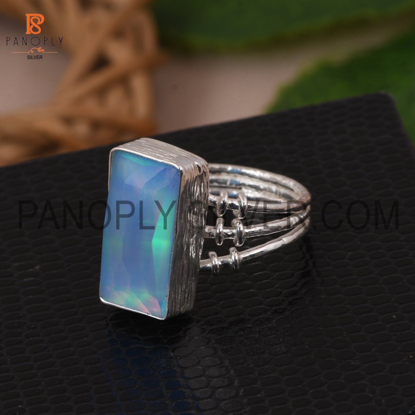 Triple Band Baguette Shape Opal Sky Doublet 925 Ring
