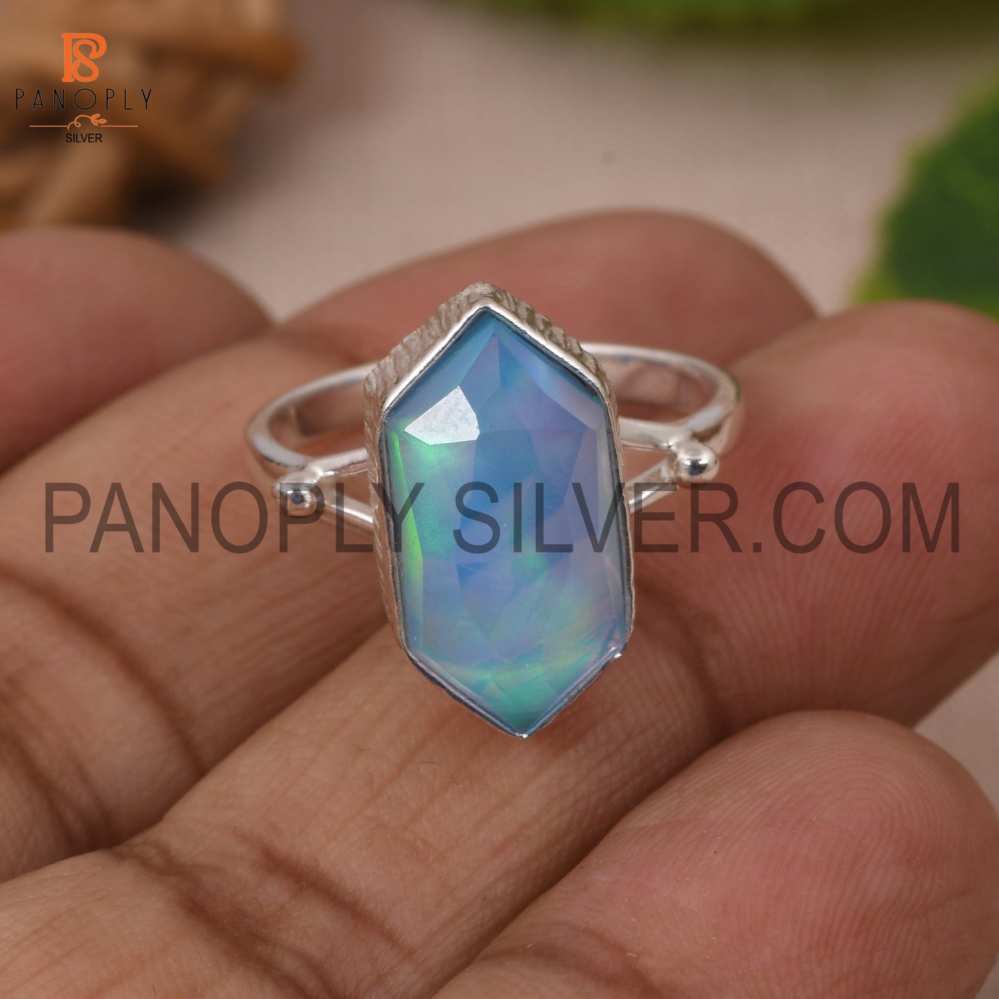 Aurora Opal Sky Stone Long Hexagon Engagement Ring