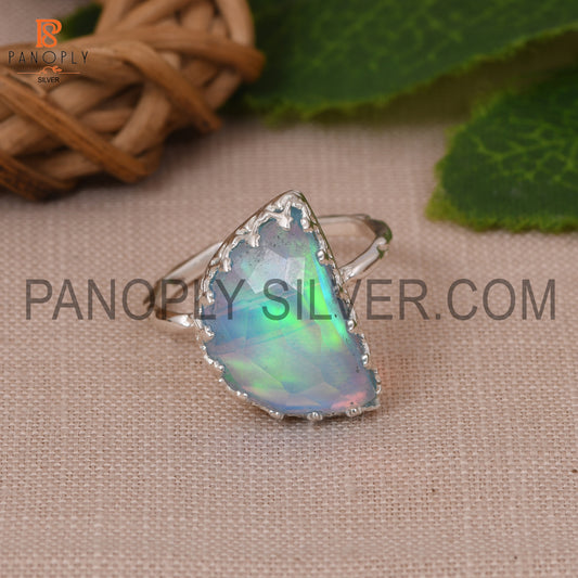 Elegant D Shape Aurora Opal Sky 925 Silver Ring for Women