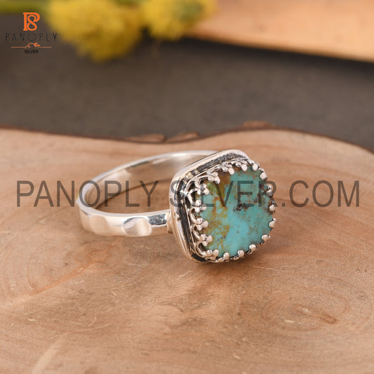 Hammered Band Kingman Turquoise Cushion Shape 925 Quality Silver Rings