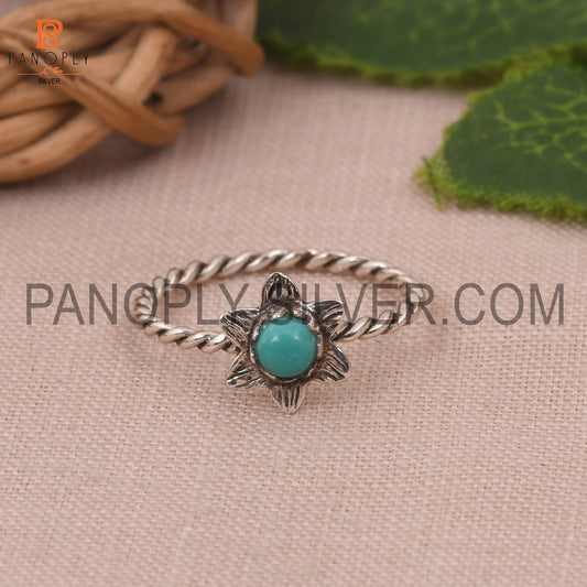 Rope Band With Flower Kingman Turquoise Round Stone Ring