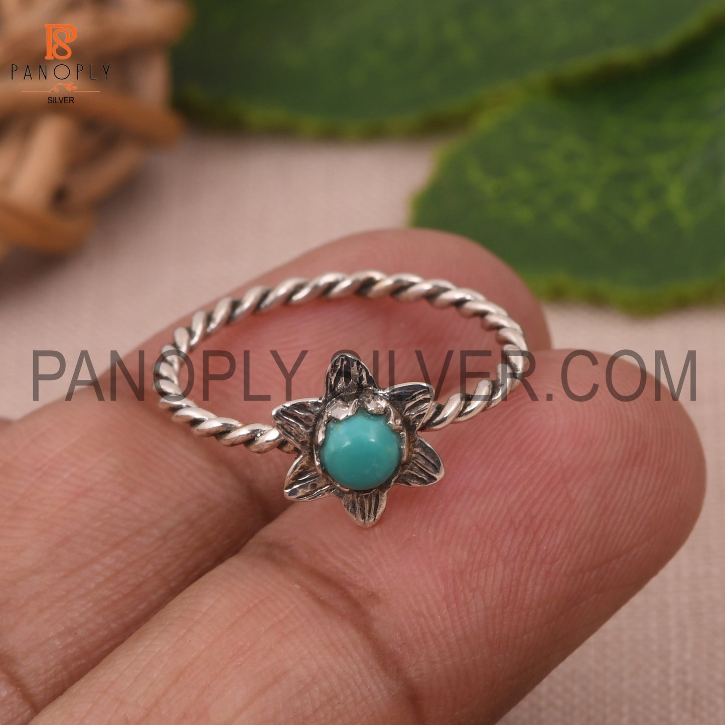 Rope Band With Flower Kingman Turquoise Round Stone Ring