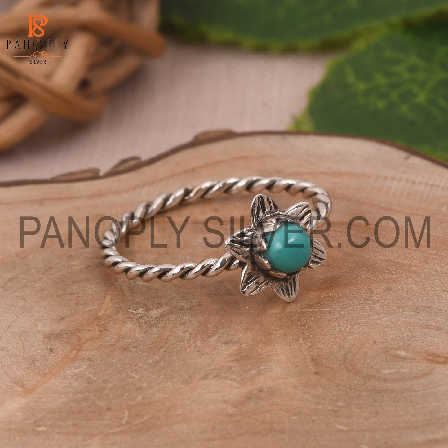 Rope Band With Flower Kingman Turquoise Round Stone Ring