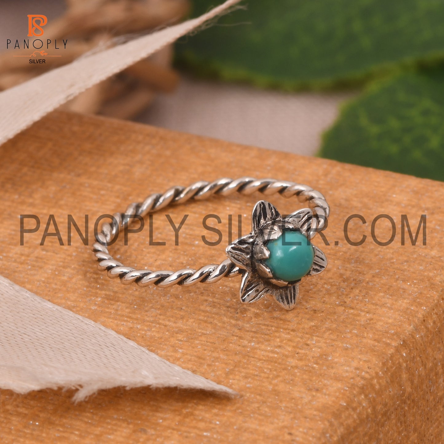 Rope Band With Flower Kingman Turquoise Round Stone Ring