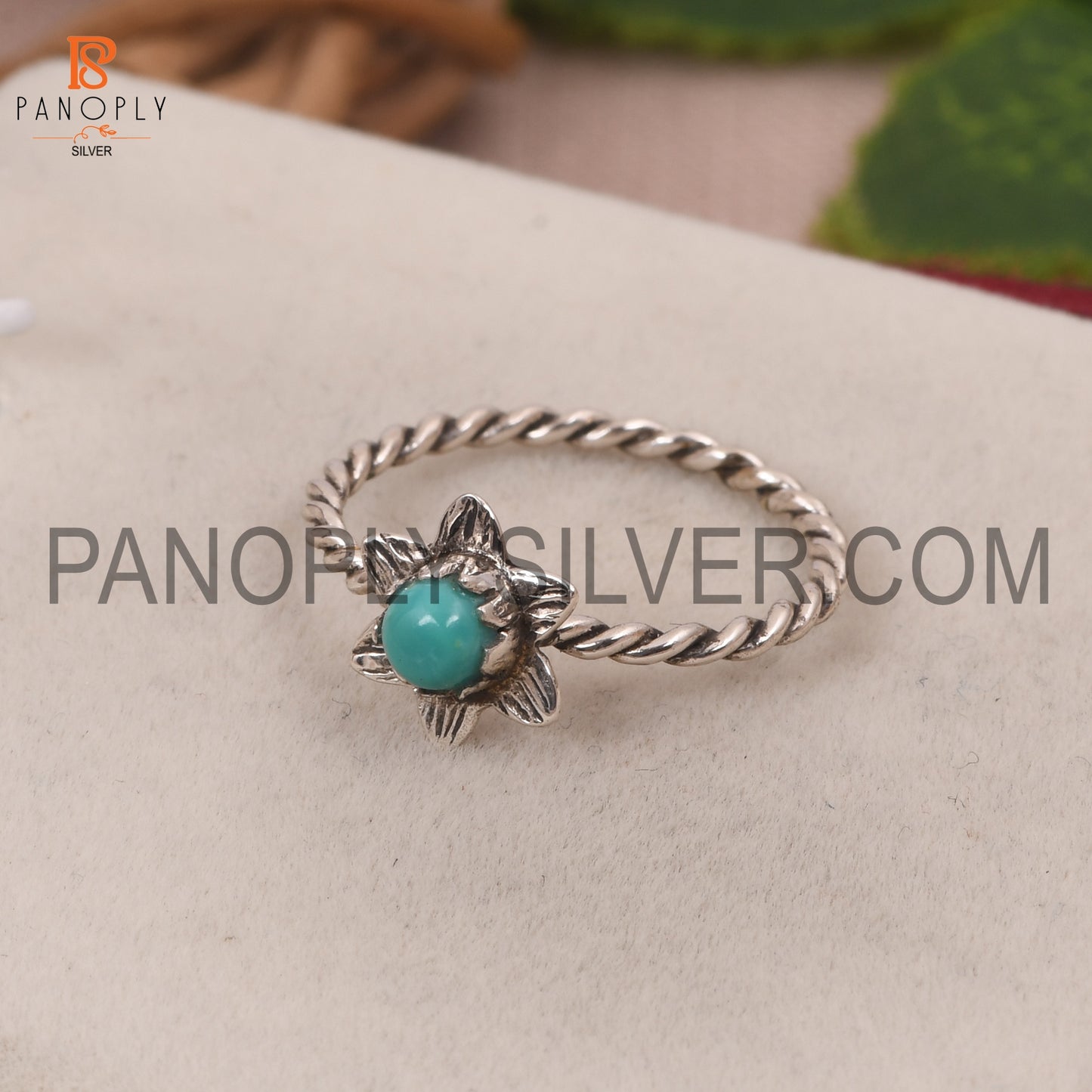 Rope Band With Flower Kingman Turquoise Round Stone Ring