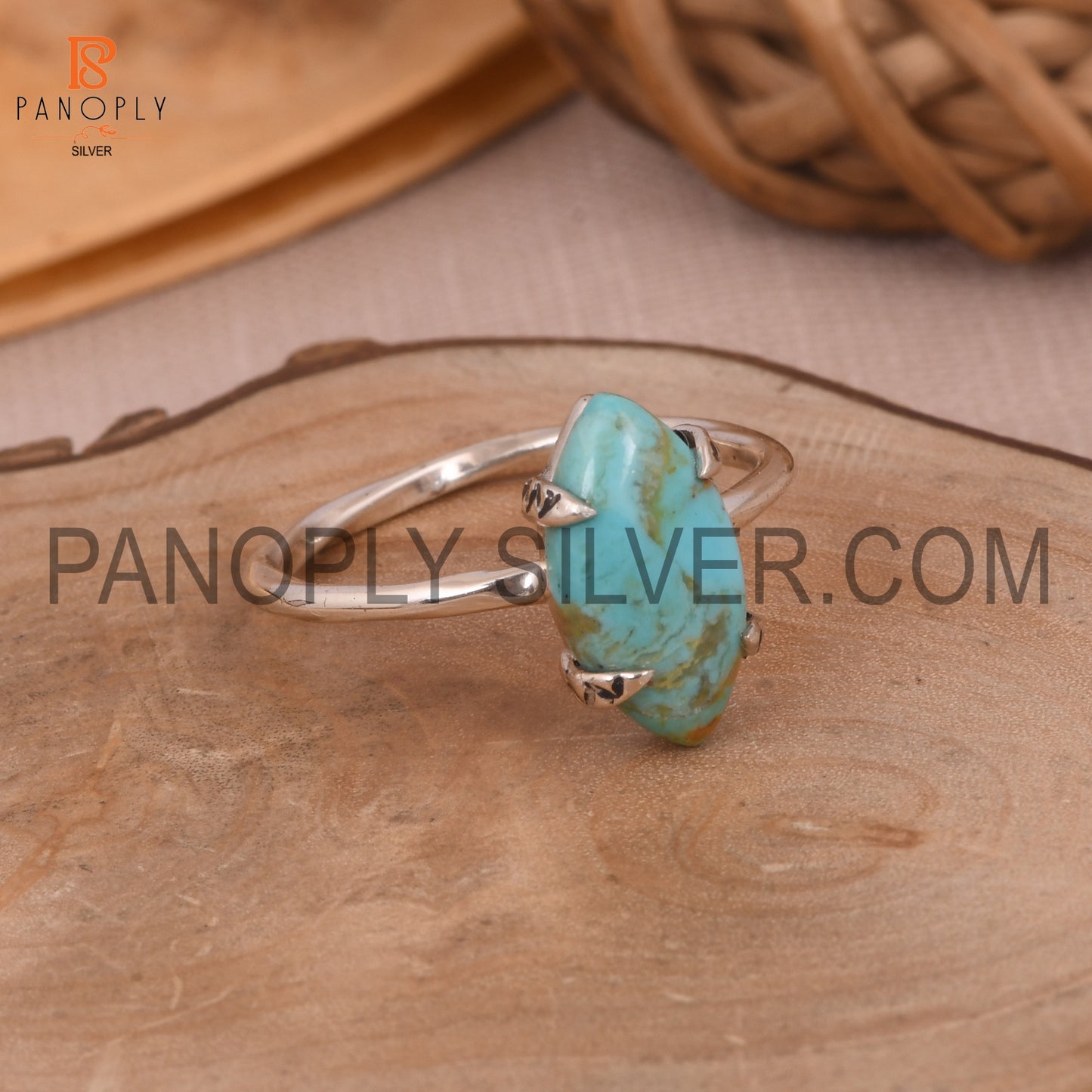 Genuine Gemstone Marquise Shape Rope Band Turquoise Ring