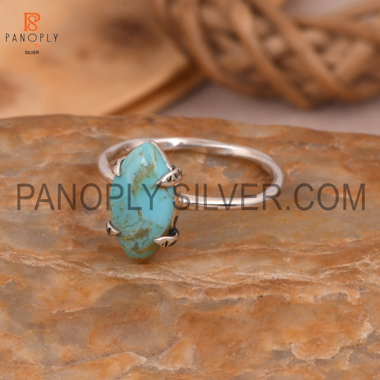 Genuine Gemstone Marquise Shape Rope Band Turquoise Ring