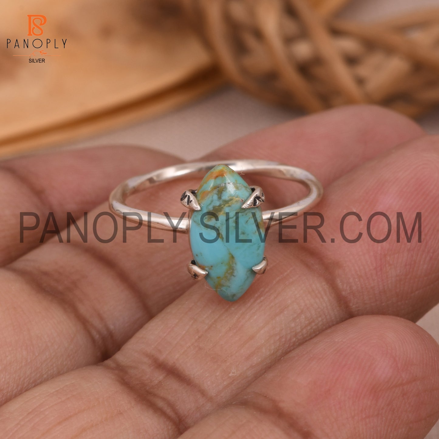 Genuine Gemstone Marquise Shape Rope Band Turquoise Ring