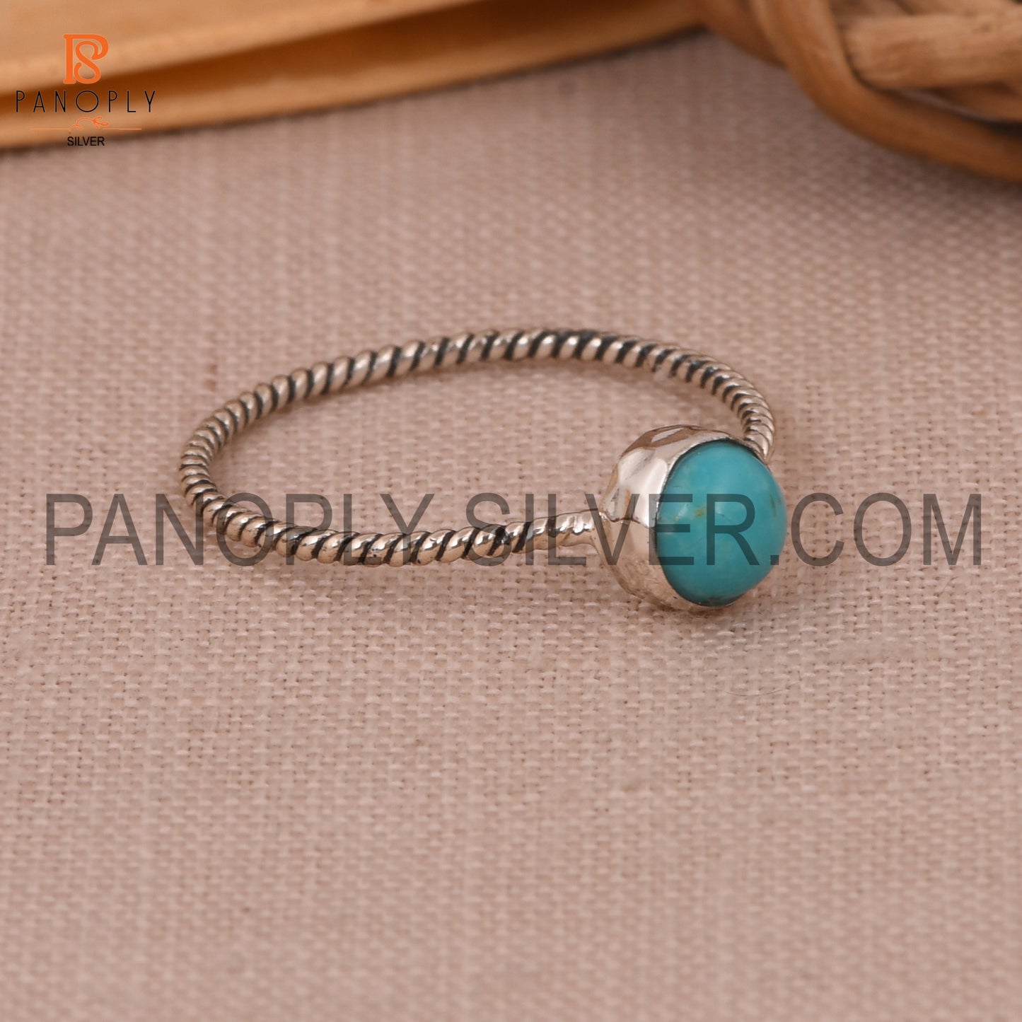 Round Kingman Turquoise Oxidized Silver Twist Band Ring