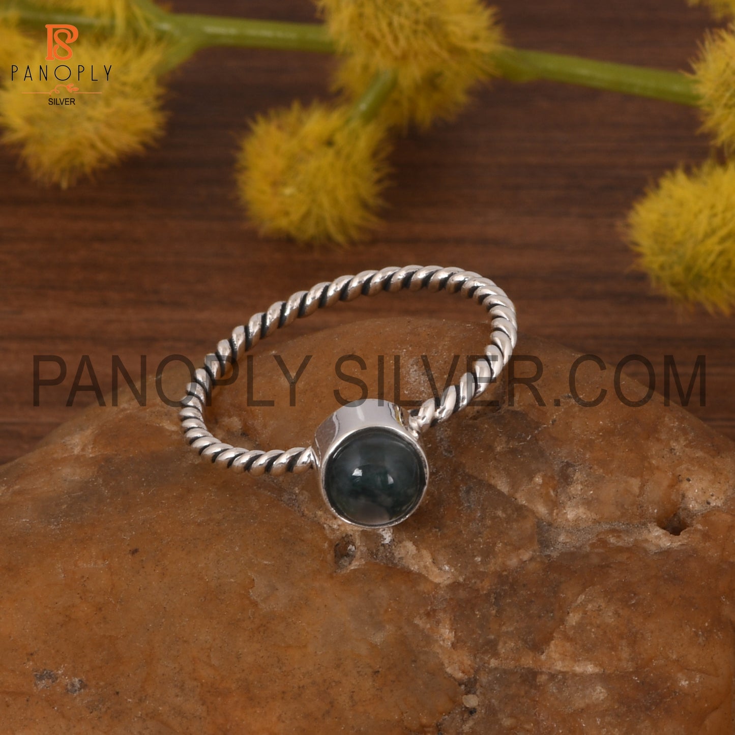 Round Moss Agate Oxidized Silver Twist Band Ring